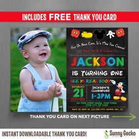 Mickey Mouse Chalkboard Style 7x5 in. Birthday Party Invitation with FREE editable Thank you Card